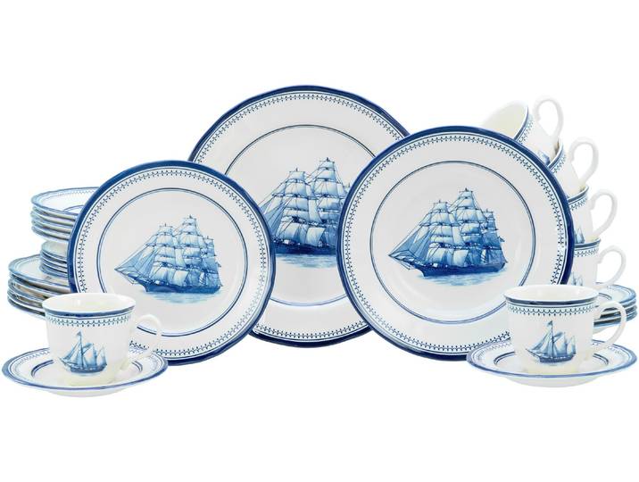 Kombiservice CREATABLE Segelschiff, Service 30-tlg. , blau, 30, Steingut, Geschirr-Sets, Kombiservice, Elegante Fahnenform, Schiffsdekor