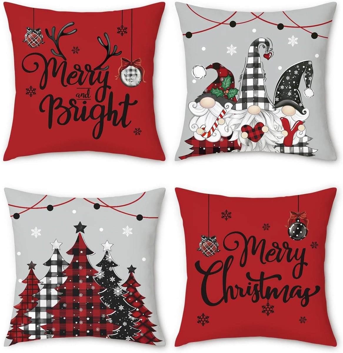 Set van 4 decoratieve kussenslopen met rode kerstbomen en gnomes, 46 x 45 cm