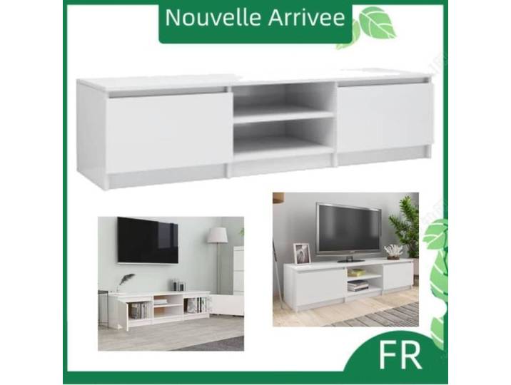 Meuble TV - RUM℃ - Blanc brillant - 140x40x35 5 cm - 2 portes et 2 compartiments ouverts