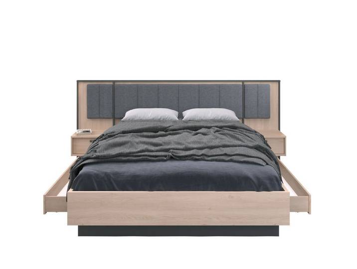 58 aufm Kessel Bettgestell Bettanlage Parisot Orion 160x200 Holzdekor Brooklyn Eiche/Schattengrau (inkl. Versand, Lieferung bis Verwendungsstelle), Doppelbett mit Polsterkopfteil Nachttischen und Bettschubkästen