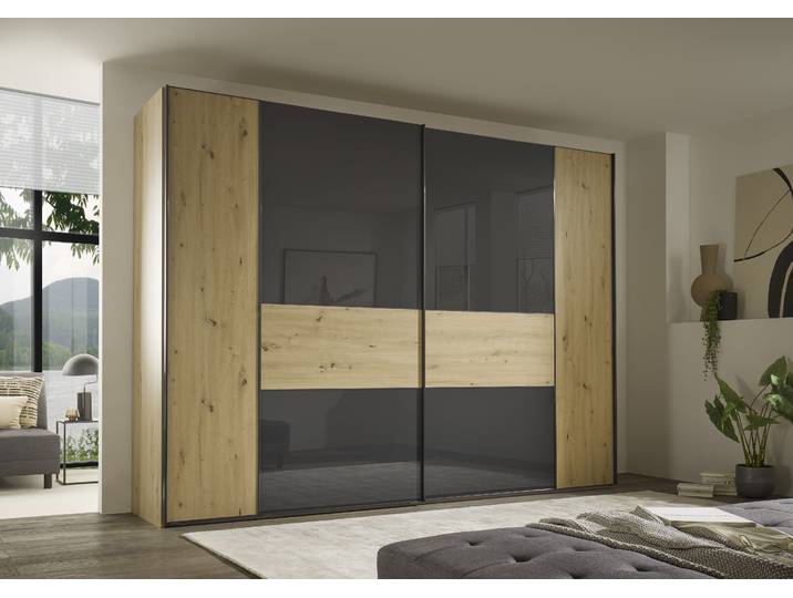 Schwebetürenschrank, 249x222 cm, Holzwerkstoff, Eiche/Anthrazit, Soft-Close, Modern, Staud