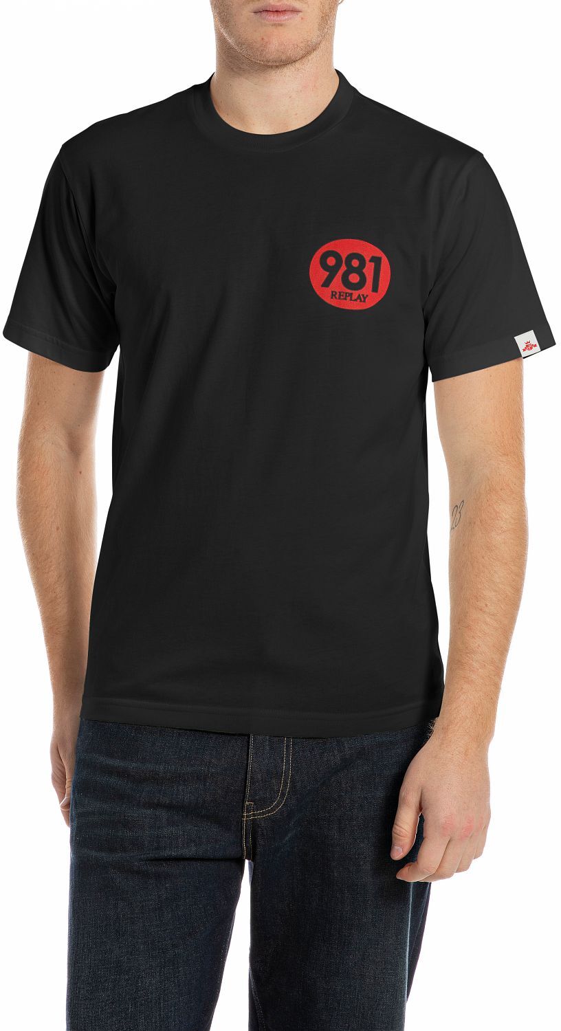 T-Shirt REPLAY, Herren, Gr. S, schwarz, Jersey, Obermaterial: 100% Baumwolle, bedruckt, regular fit, Rundhals, Shirts T-Shirt, mit 981-Print auf der Brust schwarz S
