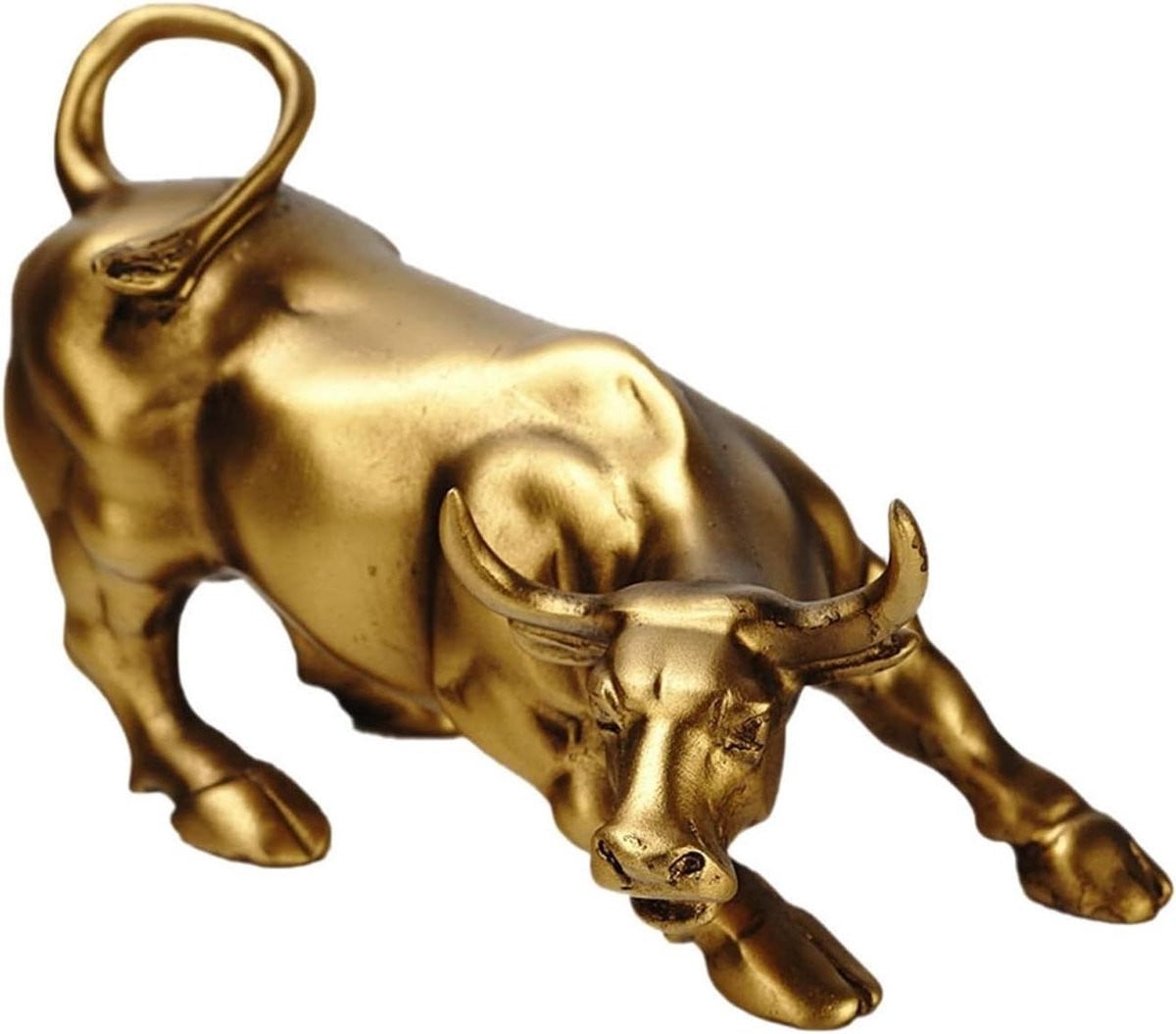 Handgemaakt Bronzen Stier Beeld in Goudkleurig Messing - Feng Shui Gelukssymbool voor Welvaart - Breedte: 13 cm, Hoogte: 19.5 cm