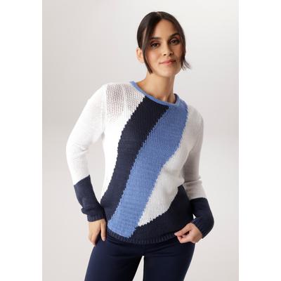 Strickpullover ANISTON SELECTED, Damen, Gr. 36, weiß, marine, hellblau, Strick, Obermaterial: 100% Polyacryl, gemustert, figurumspielend hüftlang, Rundhals, Flachstrickbündchen, Pullover Strickpullover, mit Rollkante am Rundhalsausschnitt