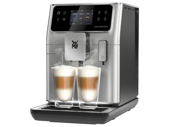 WMF Kaffeevollautomat, Schwarz, Edelstahlfarben, Metall, 28.5x39.5x48.0 cm, Betriebskontrollleuchte, Kaffeeauslauf höhenverstellbar, Milchdüse höhenverstellbar, Mahlgrad einstellbar, Heisswasserfunktion, Heisswassertemperatur einstellbar, Einfüllschacht für gemahlenen Kaffee, Bohnennachfüllanzeige, Wassernachfüllanzeige, Entkalkungsanzeige, Kontrollleuchte, Speicherfunktion für personalisierte Getränke, Tassengrösse anpassbar, Wassertank entnehmbar, automatische Zubereitung mit einem Knopfdruck, Abschaltzeit einstellbar, Milchschäumer entnehmbar, Tropfschale entnehmbar, Kaffeesatzbehälter entnehmbar, beleuchtete Tasten, TFT-Farbdisplay, Kochgeschirr, Küchengeräte, Kaffeemaschinen & Milchschäumer