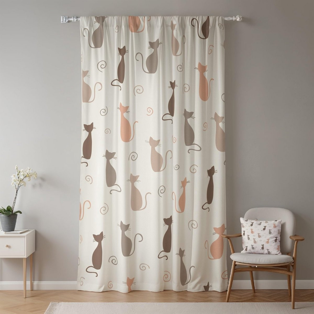 Lichtdoorlatend gordijn voor kinderkamers met kattensilhouet, 107 x 160 cm