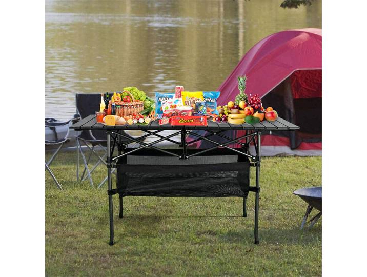Tables pliantes d'extérieur longues portables avec panier de rangement, bureau de camping, pêche, facile à installer, léger, stable