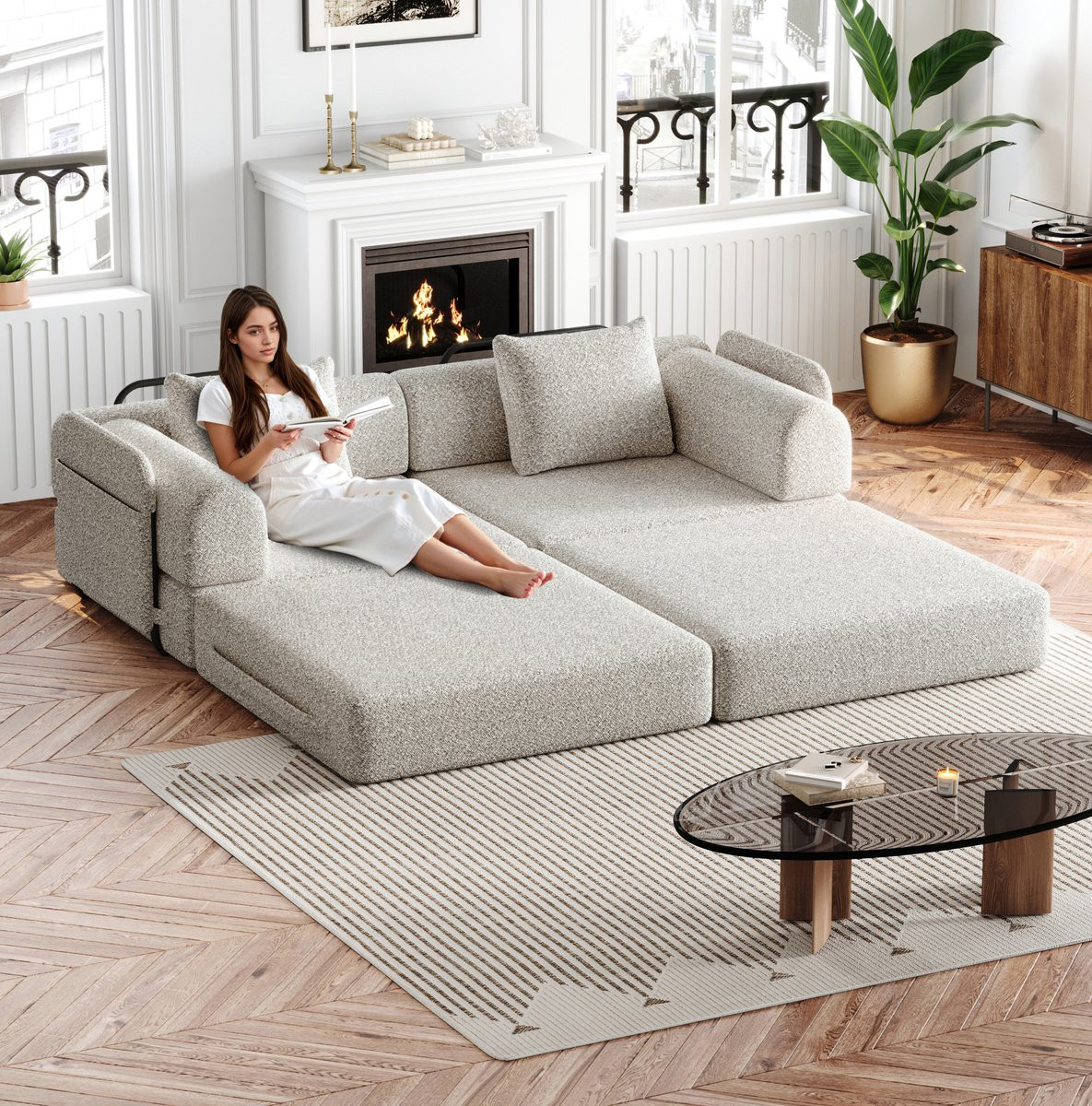 MIVRAY Slaapbank - 2-Zits Modulaire Chenille Slaapbank met Opbergruimte in Armleuning - Khaki