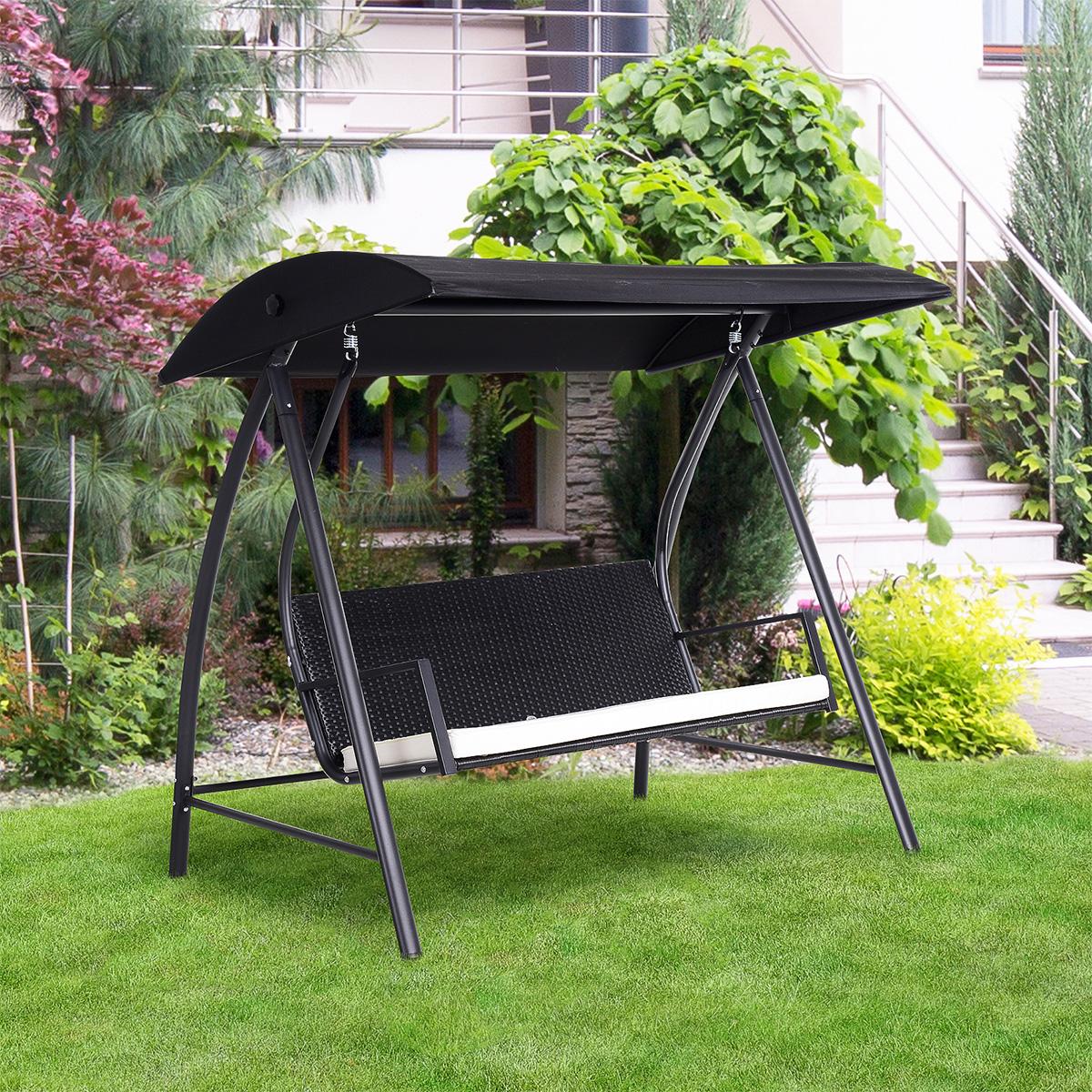 Hollywoodschaukel mit Verstellbar Sonnendach und Sonnenschutz Sitzkissen 3-Sitzer Gartenschaukel Hängeschaukel für Garten 198x124x179cm Schwarz