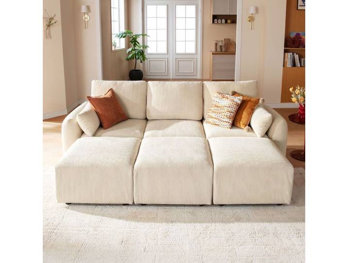 JINOVIA Canapé modulable convertible sleeper sofa en velours côtelé – Beige