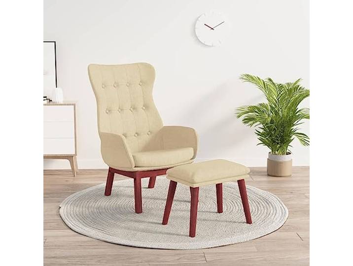 YUTAASU Recliner Chair with Footstool Cream Fabric Solid Rubberwood Legs, Metal Frame, Sturdy, Breathable, Easy Assembly