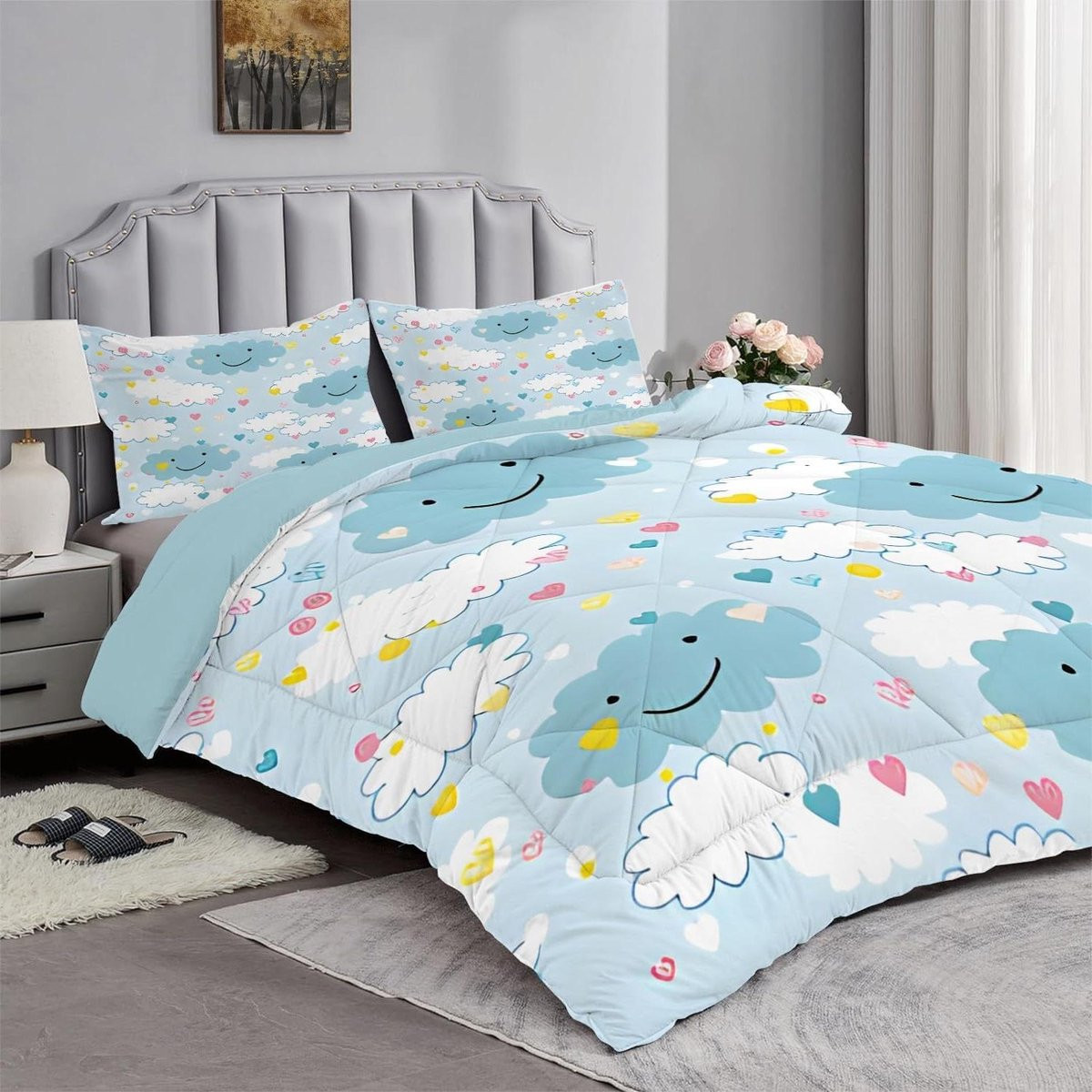 Omkeerbare dekbedovertrek set met gestreept wolken design in lichtblauw, 220 x 240 cm