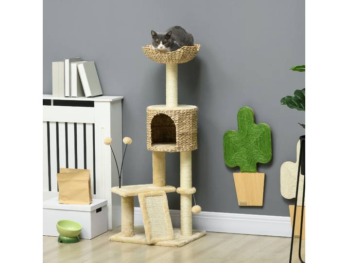 PawHut Arbre Chat 116cm Niche Pompons Jacinthe - Beige