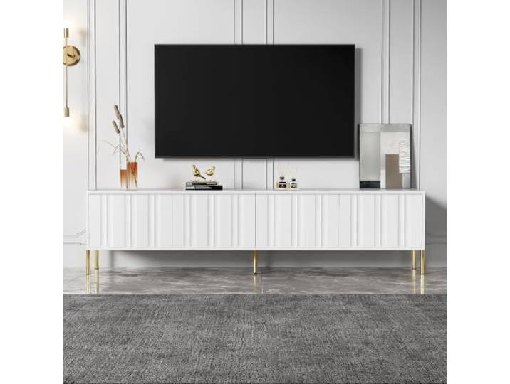 Fiednoy TV-Schrank Weiß 190cm Mit Gerilltem Türdesign Lowboard Mit Goldenen Füßen, 4 Türen, 8 Regalen， TV Bank Für Wohnzimmer， 70kg Tragfähigkeit