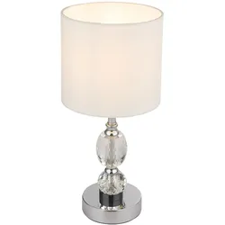 Nachttischlampe Kristallglas Tischleuchte Glasfuss Tischlampe Wohnzimmer chrom, Textil weiß, 1x E14, DxH 15x34 cm