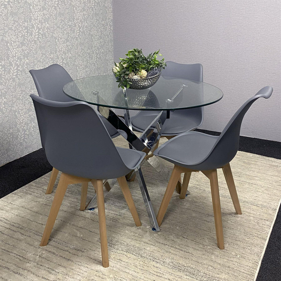 Norden Home Round Glass Dining Table with Velvet Chairs - Dining Kitchen Room Furniture Grey 4