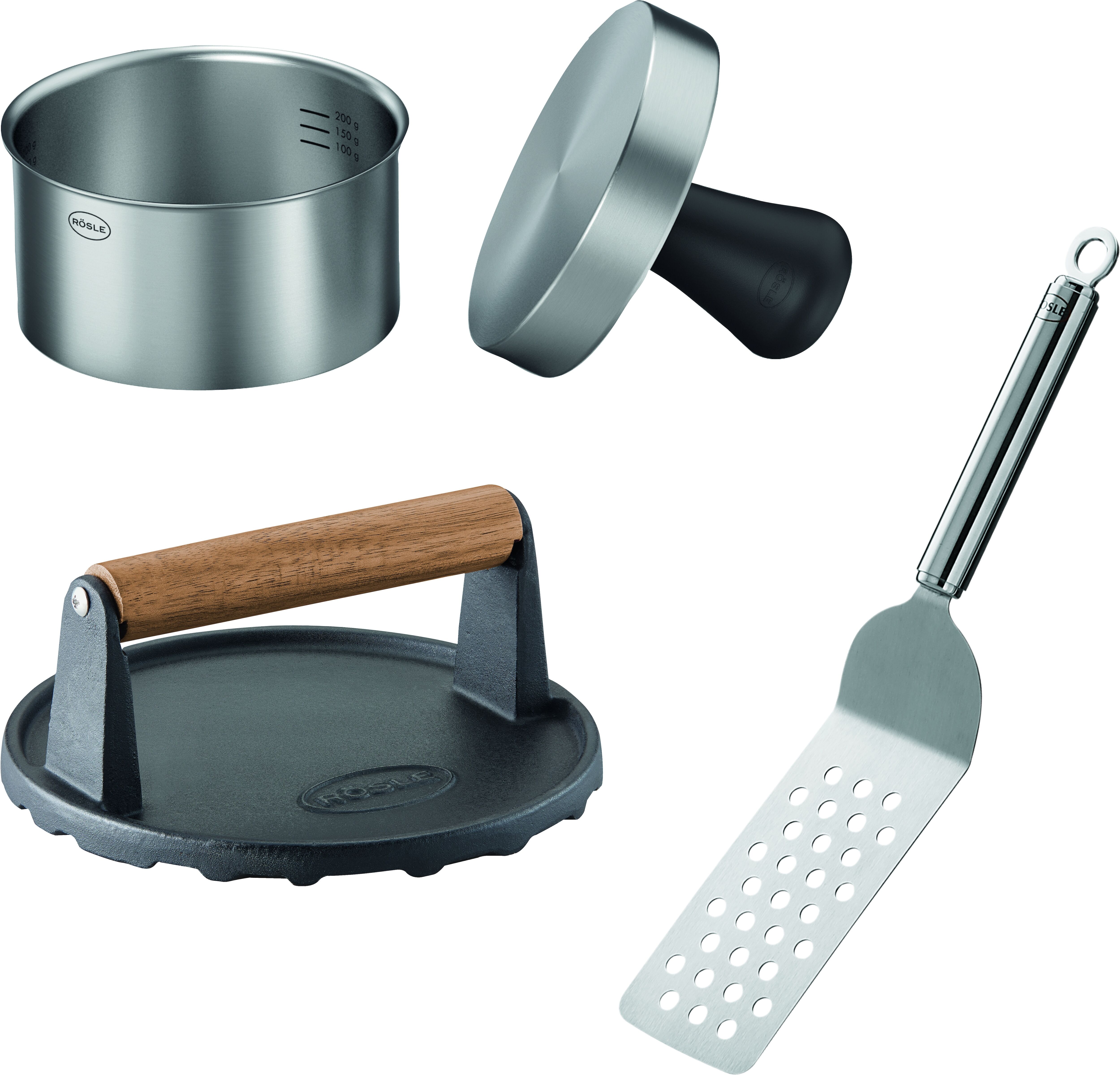 Burgerpresse RÖSLE "Barbecue Burger Set All-In-One", silber (silberfarben), B:21cm L:33cm T:9cm, Edelstahl 18/10, Gusseisen, Küchenpressen, Burgerpresse, 3-tlg., Burgerpresse PRO, BBQ-Gewicht und Burger Wender silberfarben Einheitsgröße