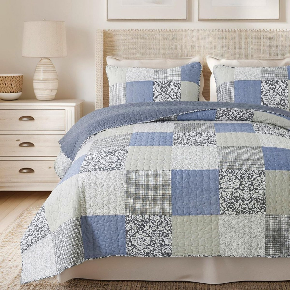 Lichtgewicht Katoenen Quilt Set Queen met 2 Shams, Patchwork Beddegoed in Blauw en Grijs, Landelijke Stijl Gequilt Bedsprei