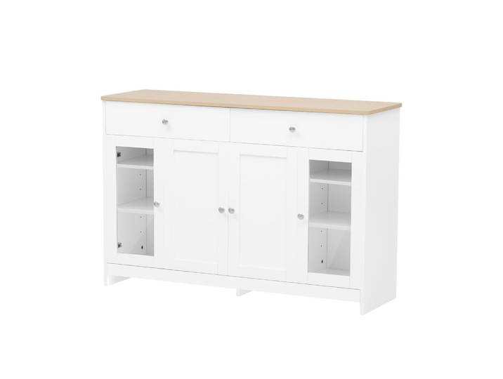 Buffet blanc effet bois clair 4 portes 2 tiroirs 120x37x80cm