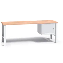 Werkbank mit Holzarbeitsplatte G3, festes Gestell, 2000 mm, 1x Schrank, grau