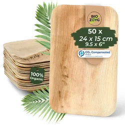 BIOZOYG 50 Stück Einweggeschirr 24x15cm, flach, Palmblatt-Teller rechteckig umweltfreundliche Einwegteller aus Palmenblättern, biologisch abbaubar