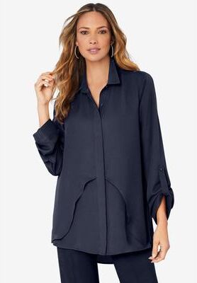 Plus Size Women's Georgette Overlay Big Shirt by Roaman's in Navy (Size 18 W) Long Shirt Blouse