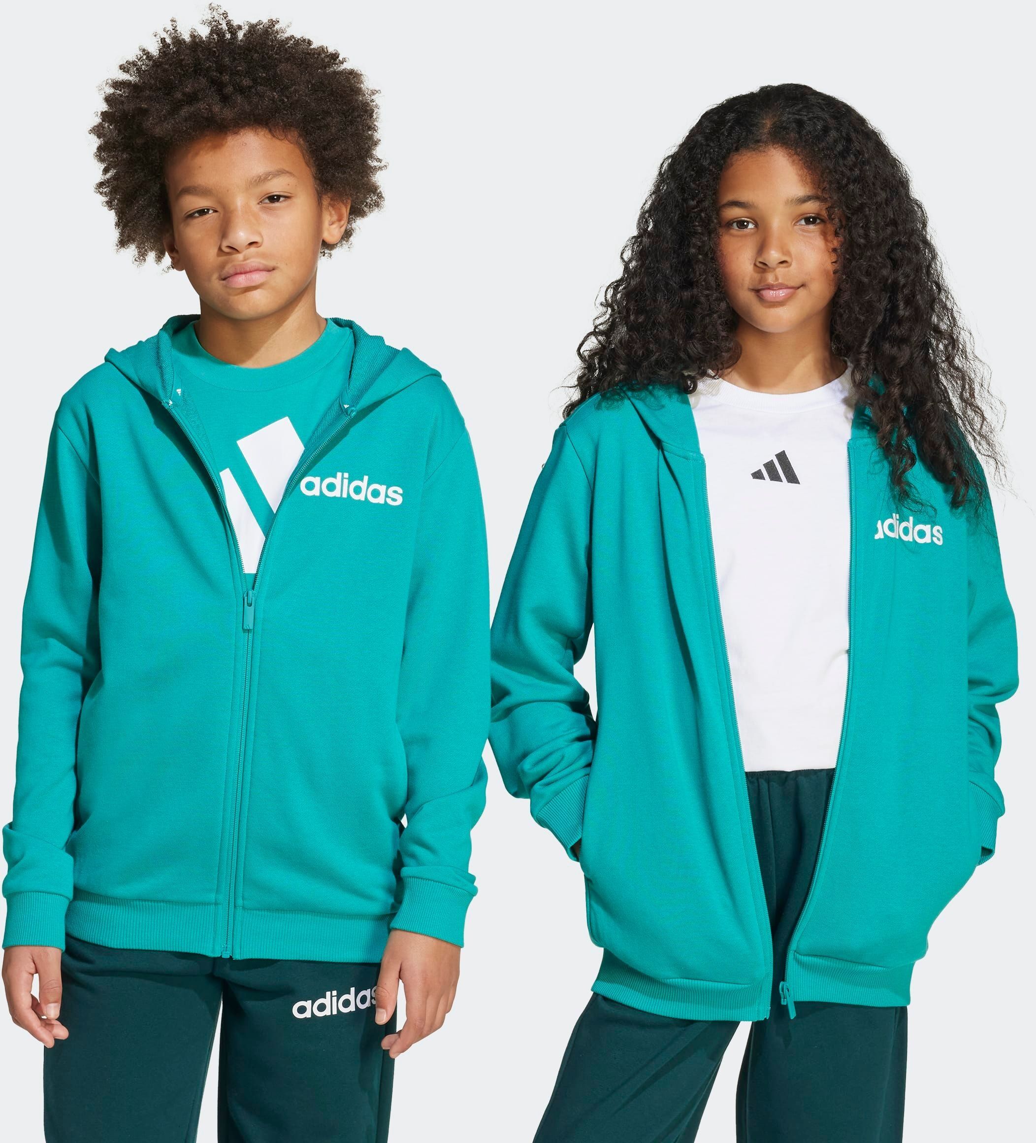 Trainingsanzug ADIDAS SPORTSWEAR "ESSENTIALS KINDER", Mädchen, Gr. 176, weiss (pure teal, weiß), Obermaterial: 52% Baumwolle, 48% Polyester, Sportanzüge Trainingsanzug, zweiteilig, aus Baumwolle und Polyester, weiches French Terry pure teal, weiß 176