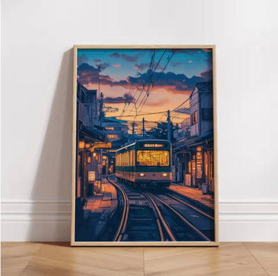 Inspire Picks Tokyo Rainy Night Railway Canvas Print Retro Japanese Cityscape Wall Art Decor 26 20x30cm No Frame