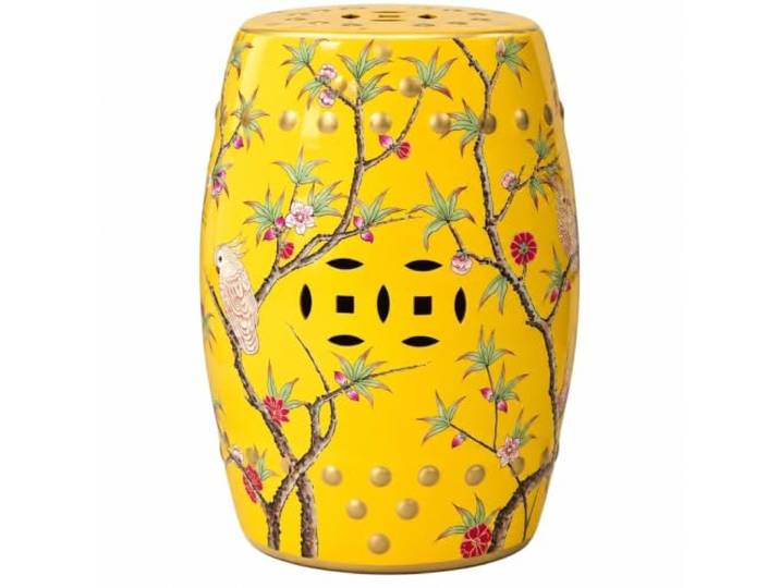 Keramik-Gartenhocker im Chinoiserie-Stil – Handbemalter Beistelltisch Terrassenhocker, Blumen-Vogel-Motiv, Goldfarbene Details, 28x45 cm, für drinnen & draußen(Green C)