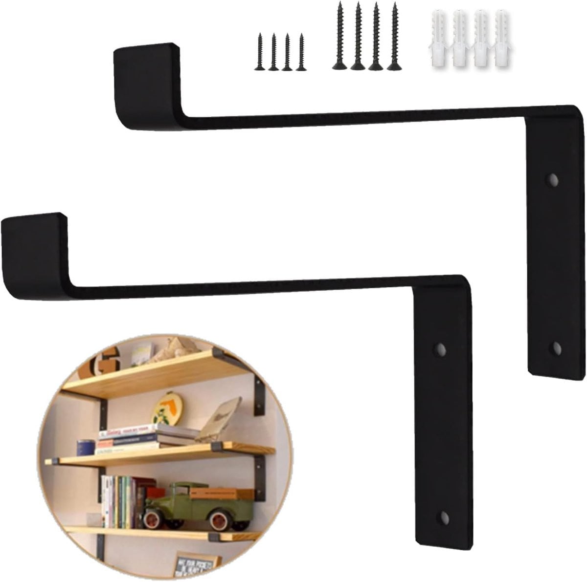 Set van zwarte L-vormige plankdragers voor wandmontage, 25 cm