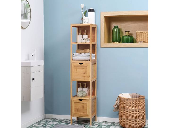 kleankin Colonne Salle de Bain Bambou 2 Tiroirs 30x30x140cm