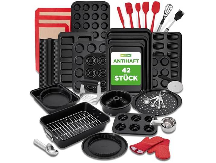 NutriChef 42-teiliges komplettes Antihaft-Backset - Kohlenstoffstahl-Bäckutensilien, tägliche Backwerkzeuge, Backhandschuhe und mehr - Ideal zum Backen von köstlichen Desserts und herzhaften Gerichten
