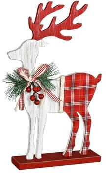 Evergreen "15"" Wood Deer with Plaid Design and Artificial Table Decor"