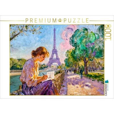 CALVENDO Puzzle Frau schreibt Postkarte an der Seine Paris Impressionismus Puzzle | 1000 Teile Lege-Größe 64x48cm Foto-Puzzle für glückliche Stunden