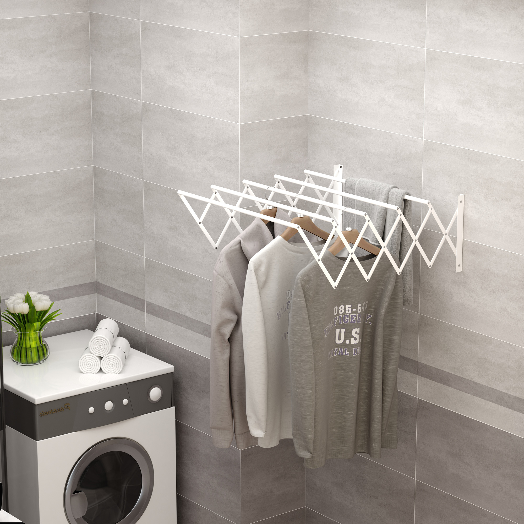 Homcom Stendibiancheria a Parete Retrattile, Stendino Salvaspazio Pieghevole in Metallo per Interni ed Esterni, 63.5x60x20 cm, Bianco   Aosom Italy