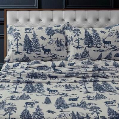 Marwah Corporation Deer Toile Flannel Sheet Set Blue, Queen, Blue