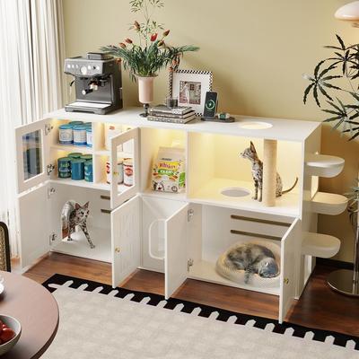 73.23'' Farmhouse FuctionalTV Stand with Hidden Cat House and Storage Cabinets