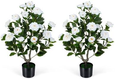Costway 2-Pack Artificial Camellia Tree Faux Flower Plant in Cement-Filled Pot-White