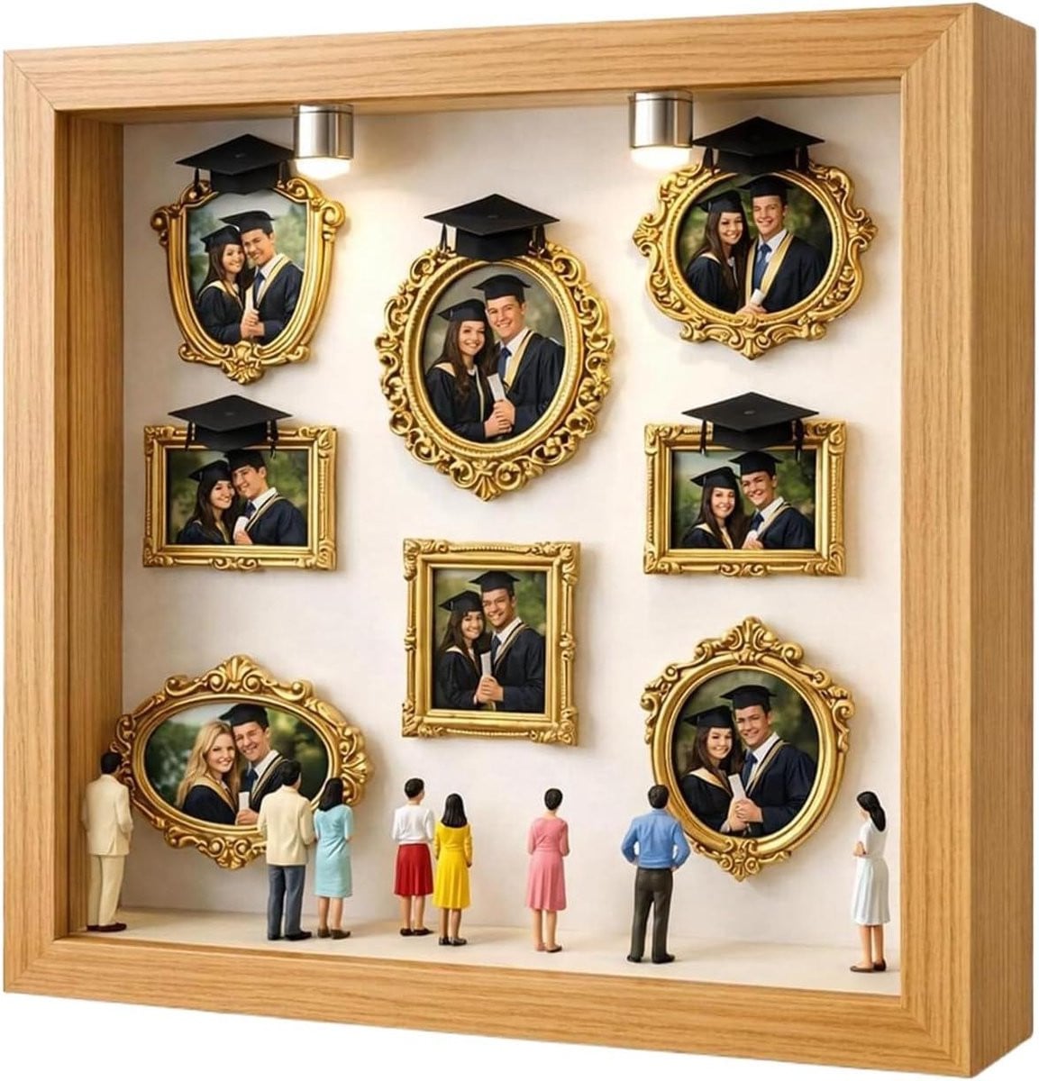 Museum Fotolijst Set Herinneringen Displaykast met Gouden Miniatuur Lijstjes Houtkleurig 25x25 cm
