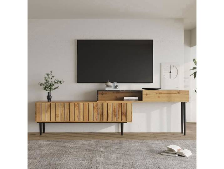 Meuble TV moderne avec motif en marbre et grain de bois - SAM - Bois fonc - Marron - Contemporain - Design