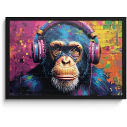 POSTER MIT RAHMEN Graffiti - Schimpanse - Straßenkunst - Kopfhörer - Affe 60x40 cm