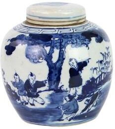 Legend of ASIA 6 in H Blue And White Mini Jar Kids Playing Under Tree Porcelain