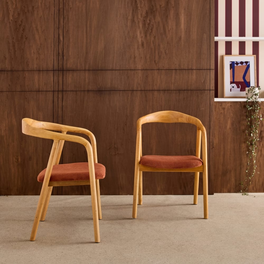 sweeek Lot de 2 fauteuils vintage hévéa naturel et velours côtelé terracotta Rouge 55x79x58cm