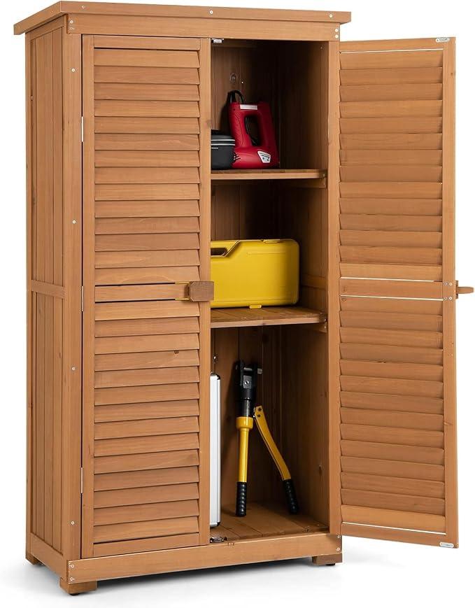 Gartenschrank Holz, Gerätehaus wetterfest, Geräteschuppen mit 3 herausnehmbaren Regalen