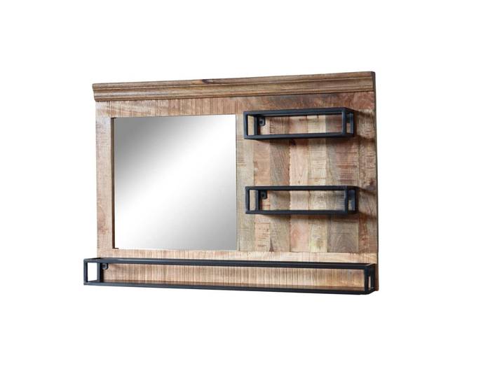 Badspiegel VODICE mit Ablage massiv Mangoholz Industrial Design Vintage 100x70cm