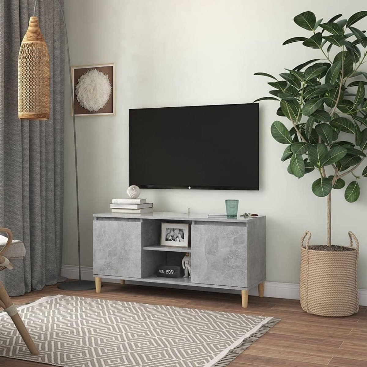 Betongrijze houten tv-kast en dressoir met media-opslag en vier poten