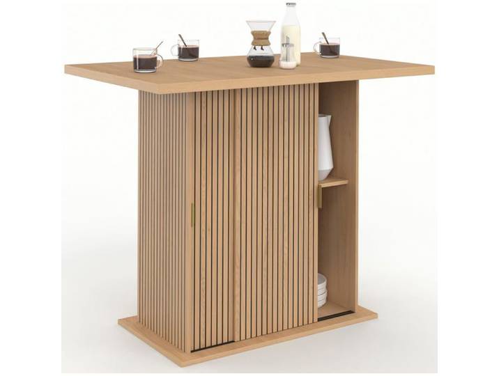 IDMarket Îlot Central Juliette 110 cm effet lattes bois avec rangement et 2 portes coulissantes