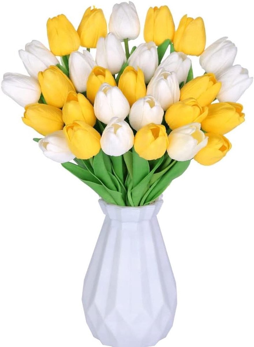 Kunst Tulpen Boeket Real Touch Latex - 30 Stuks - Geel Wit