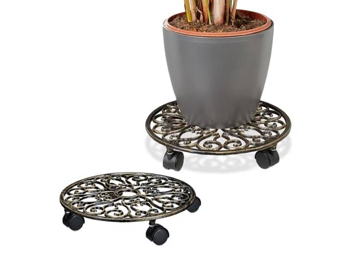 Relaxdays Pflanzenroller, 2er Set, rund, antikes Design, Gusseisen, HxD 7,5x34 cm, innen & außen, Blumenroller, Farbwahl