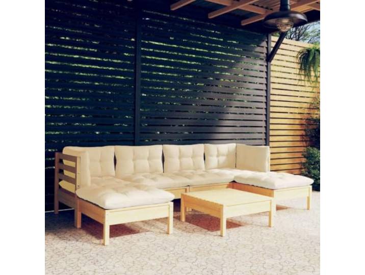 Bois de pin massif modulaire avec coussins crème 7 pieces 110kg Ensemble Salon de Jardin 7 Pieces en Bois de Pin Massif avec Coussins Cafe Cream pour Terrasse Patio, Modulable avec Pouf